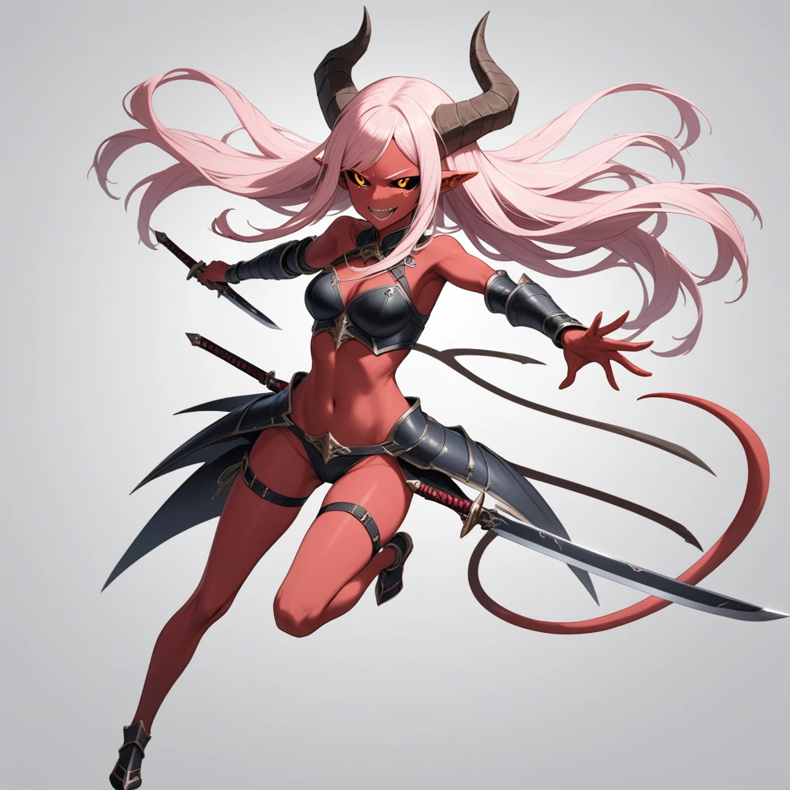 1girl,tachi-e,floating weapon,dynamic pose,evil smile, solo, long hair, smile, open mouth, simple background, navel, holding, tail, full body, weapon, pink hair, horns, pointy ears, sword, pink eyes, grey background, holding weapon, armor, tattoo, thigh strap, colored skin, holding sword, demon girl, knife, demon horns, demon tail, colored sclera, dual wielding, black sclera, dagger, red skin, pink skin, holding dagger,GameWeapon