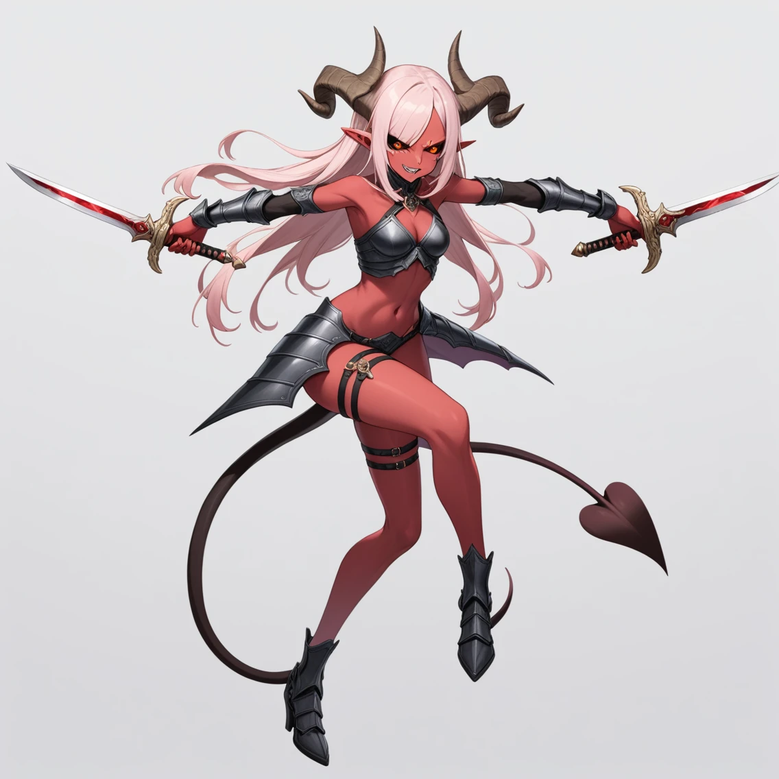 1girl,tachi-e,floating weapon,dynamic pose,evil smile, solo, long hair, smile, open mouth, simple background, navel, holding, tail, full body, weapon, pink hair, horns, pointy ears, sword, pink eyes, grey background, holding weapon, armor, tattoo, thigh strap, colored skin, holding sword, demon girl, knife, demon horns, demon tail, colored sclera, dual wielding, black sclera, dagger, red skin, pink skin, holding dagger,GameWeapon