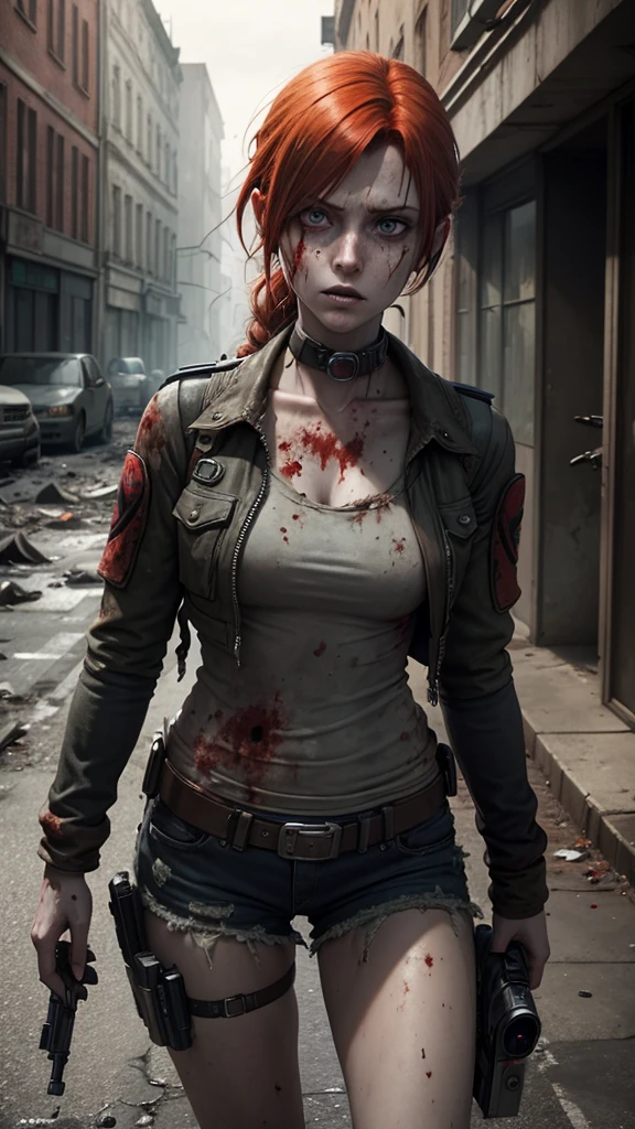 A zombie redhead, she is a photographer, has a camera hanging on his shoulder, She has a distant and empty look. zombie with gray skin. She is on the abandoned street, totally destroyed. Resident Evil Operation Raccoon City Scenario. Claire redfield.