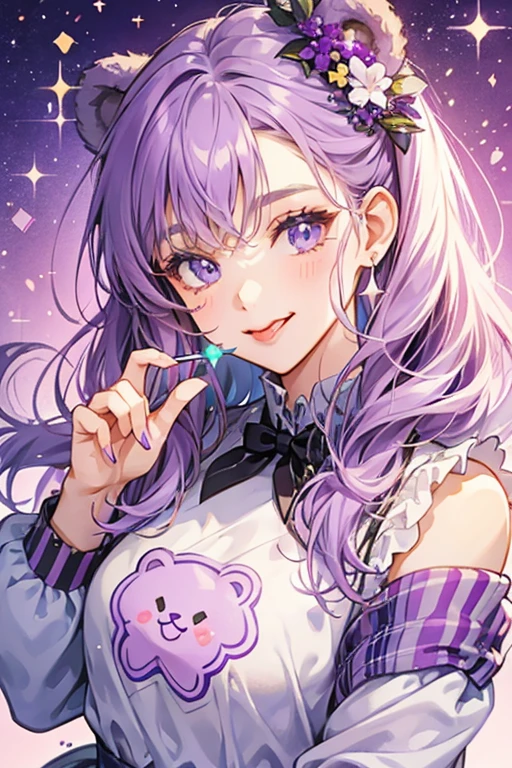1girl, cat ears, purple cat tail, long hair, bangs, purple hair, gorgeous blue eyes, eyeliner, long lashes, soft smile, collar, black top, breasts, starry background