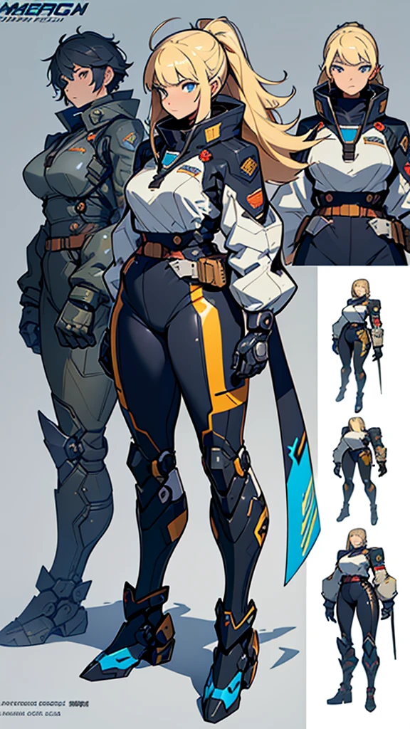 Close-up of a plump girl in a mechanical bodysuit, ((character concept art)), ((Character design sheet, same character, on front, from on the side, At the back)) Character image, mecha game character design, Mecha game character design, long hair, hair color: Blondie with blue bangs, Age: 17, eyecolor: black, She wears gloves on her hands, Wears mecha boots. During the use of certain abilities, A soft helmet is formed on the head of  nano parts. She has a code name around her neck, expert high detail concept art, Concept art of a mecha armored girl, Fun character design. ConceptArt, belt buckle at the waist,Mecha style weapons,A