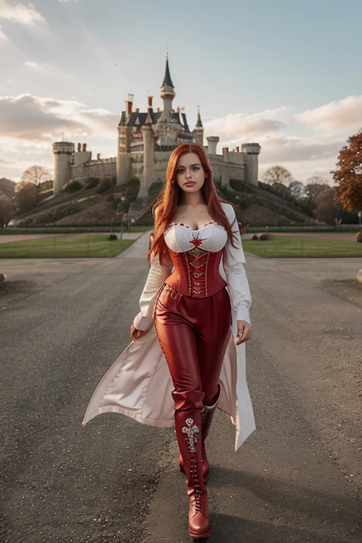 Create a realistic full-length photo of a white woman , redhead and straight hair with crown, with sleeved blouse and corset pants in red with a jacket with a heart print and long boots inspired by the Queen of Hearts with a red castle in the background.