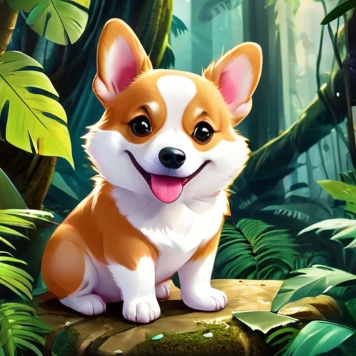 Interesting illustrations:Pink little dinosaur in a broken eggshell,Cute expression,Rainforest,dreamlike,Aesthetic with cute corgi
