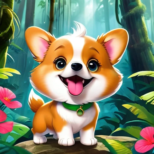 Interesting illustrations:Pink little dinosaur in a broken eggshell,Cute expression,Rainforest,dreamlike,Aesthetic with cute corgi