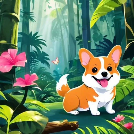 Interesting illustrations:Pink little dinosaur in a broken eggshell,Cute expression,Rainforest,dreamlike,Aesthetic with cute corgi