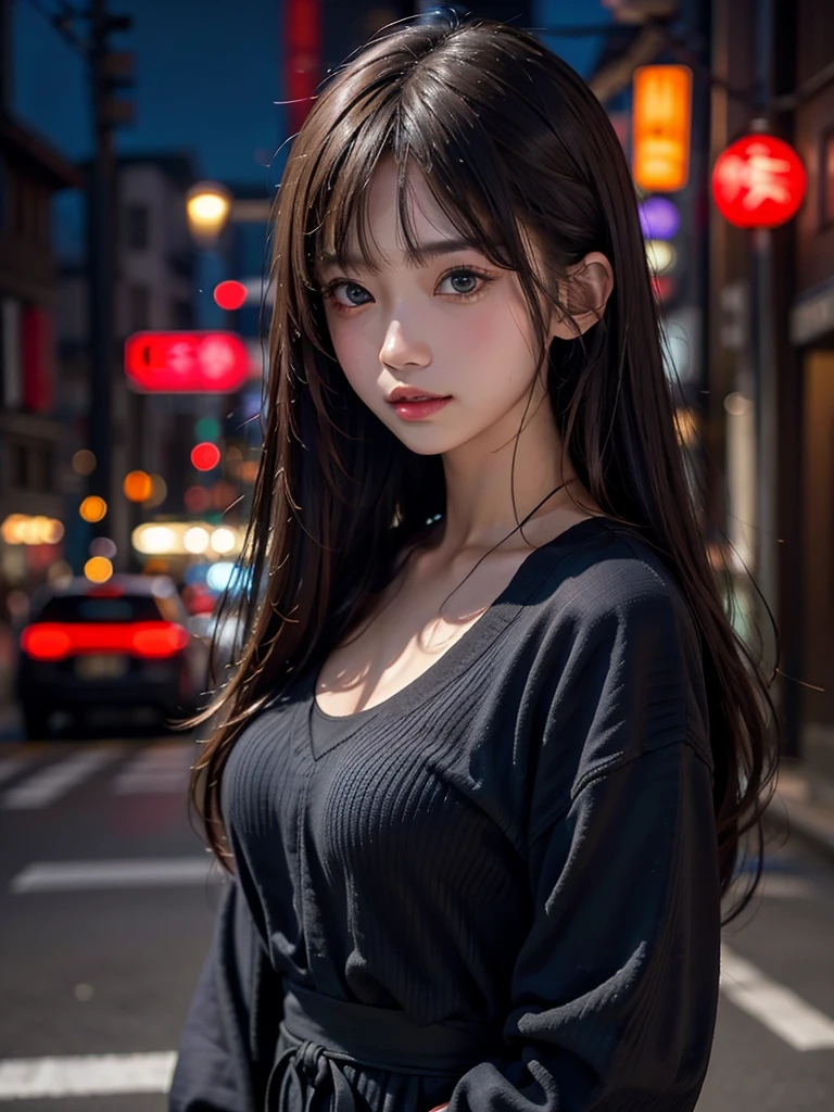 1girl, Tokyo street,night, cityscape,city lights, upper body,close-up, 8k, RAW photo, best quality, masterpiece,realistic, photo-realistic, Bule eye:1.2, parted bangs, long hair,front cover,