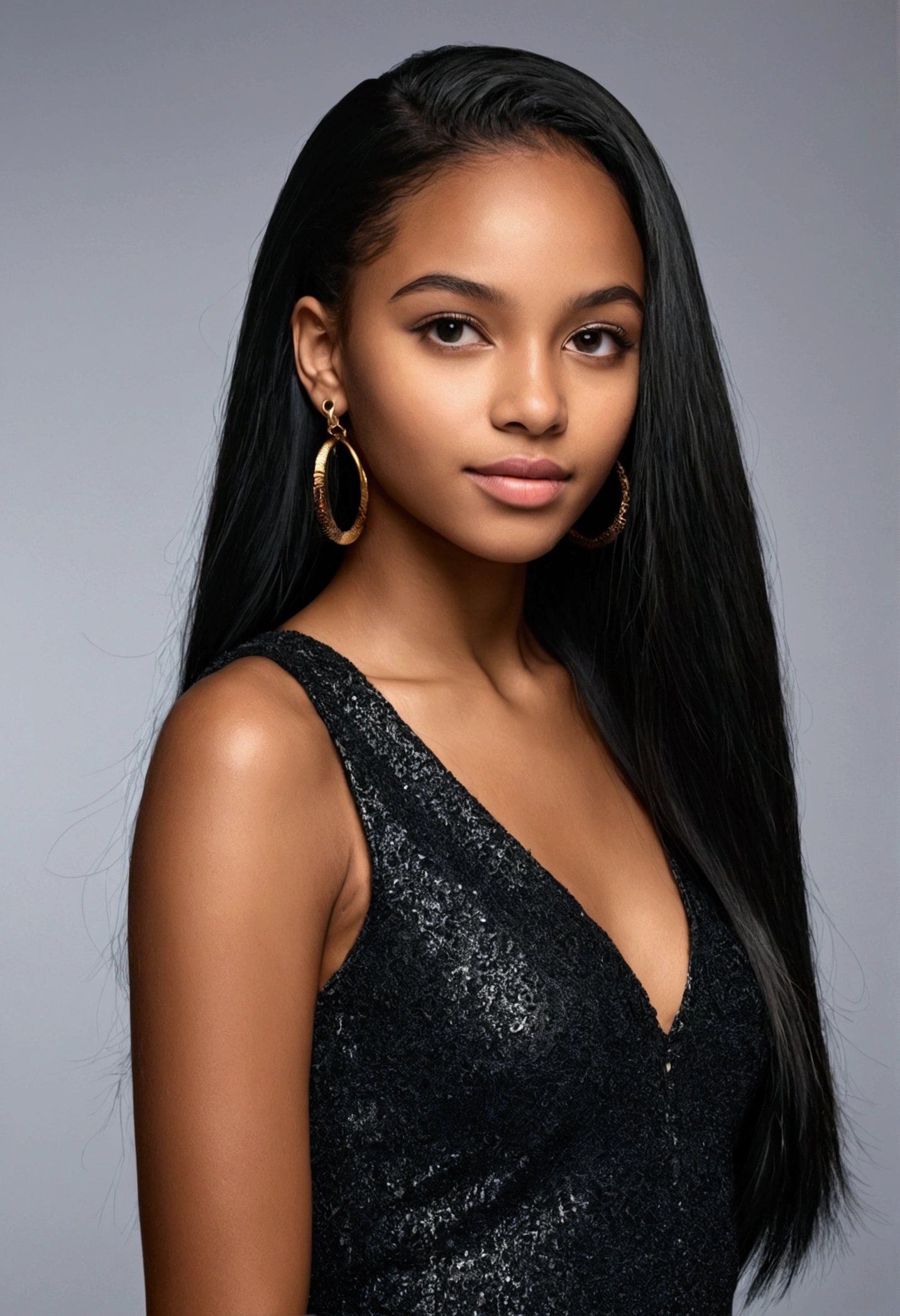 19 years old young woman from caribbean, radiant mixed skin and long sleek, shiny black hair, bold fashion style. modern, stylish, HD, 4k.