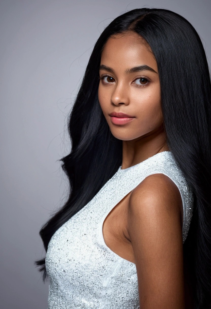 19 years old young woman from caribbean, radiant mixed skin and long sleek, shiny black hair, bold fashion style. modern, stylish, HD, 4k.