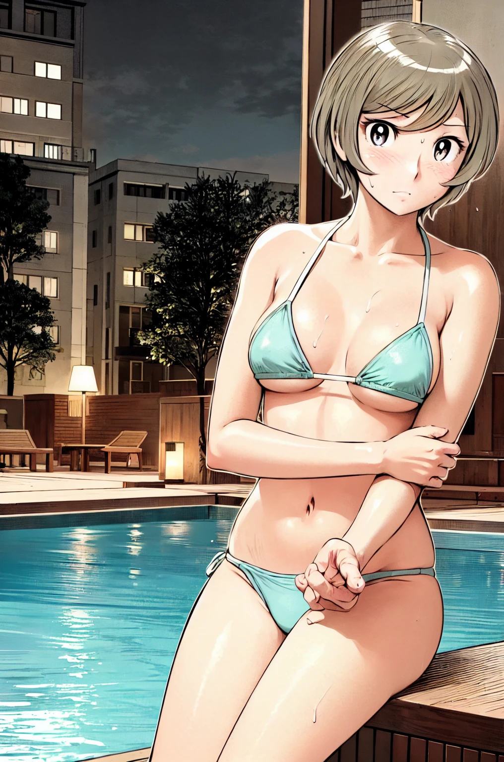 、(masterpiece、Highest quality)、Highest quality, Ultra-high resolution, (((masterpiece))), alone, Sweat、Big eyes, Composition from the front、Shortcuts、Embarrassed face、Bronze colored hair、Cut the back hair short、Pool、Outdoor、 pubic hair、belly button、Large areola、Nipples、short hair、Micro Bikini