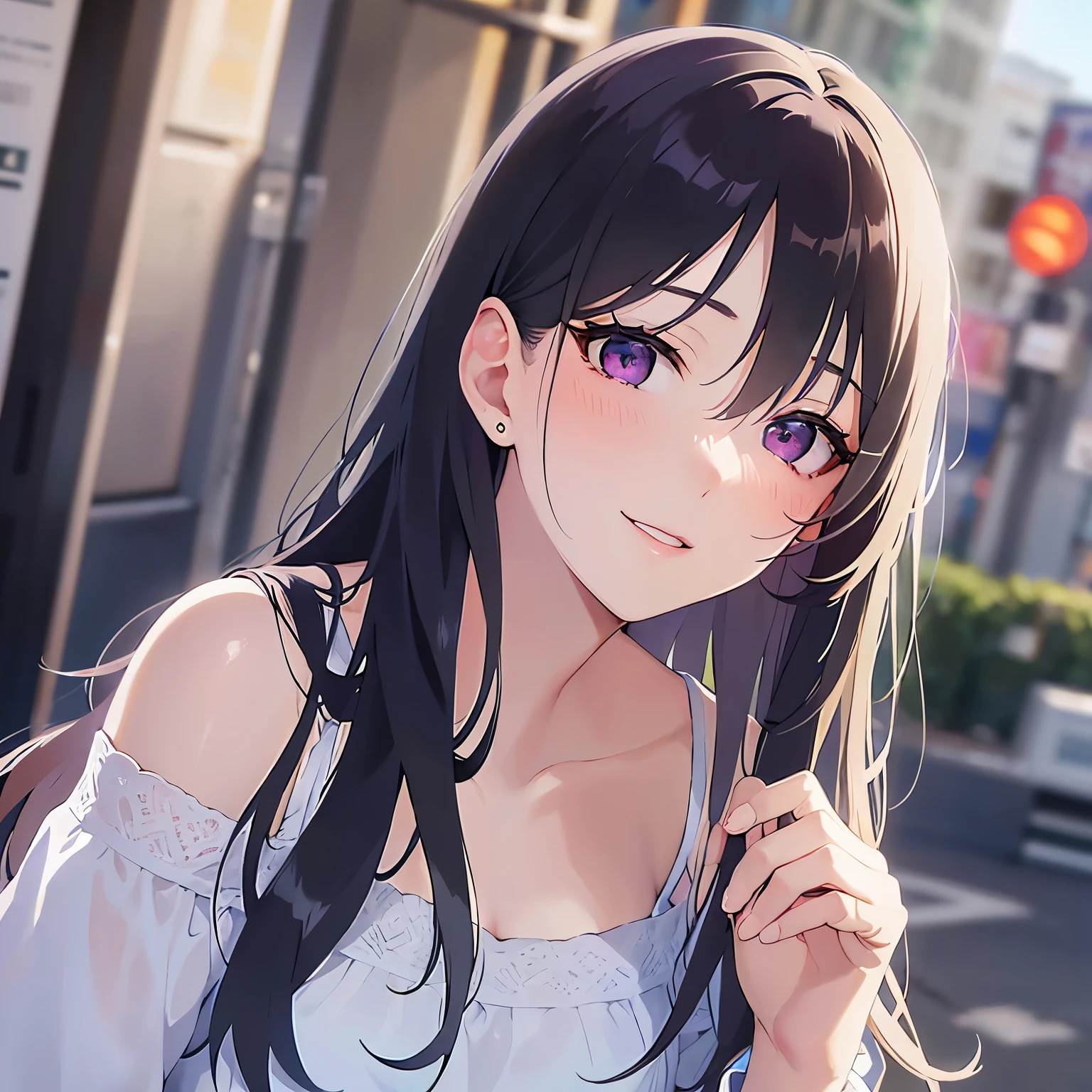leaning forward, looking up, cinematic angle, Upper Body, Realistic, real person, (pale skin: 1.2), RAW photo, photorealistic, shiny skin, shiny hair、(A 25-year-old woman with straight hair and bangs) and (medium hair) and (black hair) and (purple eyes) , (white) and (off shoulder blouse)、(blush:1.3), smile, The background is a park、Alone、Are standing