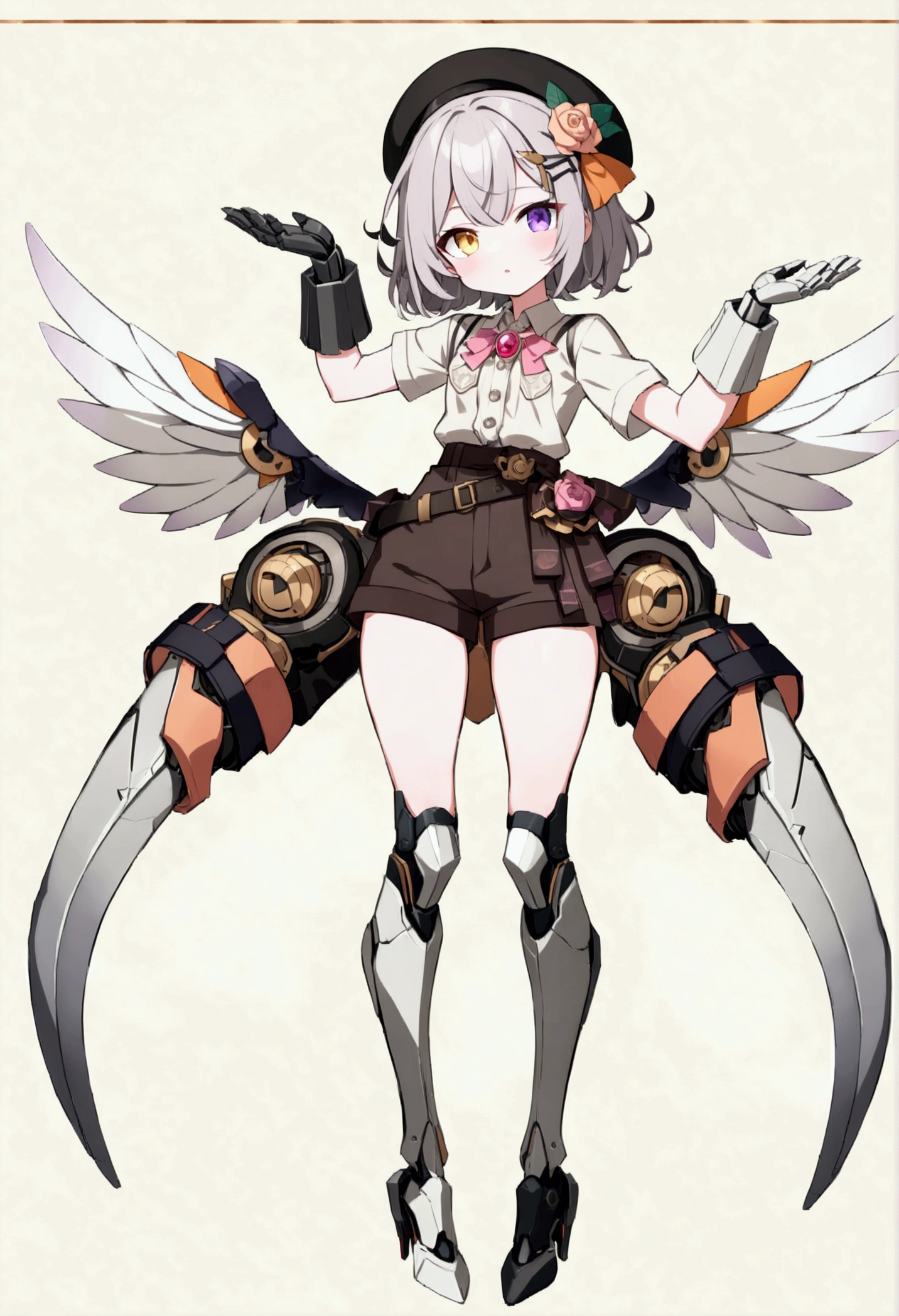 woman 165cm tall, (whole body: 1.5), slim build, , charming look, wide hip, ((heterocromia: ojo right naranja y ojo izquierdo violeta)), (Shoulder Length Wavy Gray Hair, a medium braid on the left side of the hair: 1.2, big open bangs, largo flequillo en el lado izquierdo y right del cabello sobre las mejillas , golden gear hairpin on the left side of the hair: 1.1), (((complex mechanical legs up to the hip, The legs are black with gray parts and small pink details))), (((complex mechanical arms up to the elbows, The arms are black with gray parts and small pink details))), ((a pair of complex white mechanical angel wings with pastel green parts)), (elegant black French beret, orange rose ribbon on the beret: 1.2), (stylish white short sleeve button down shirt, dark brown shorts with straps from the waist, elegant black belt, small rose brooch on shirt collar, beautiful mechanical stilettos), (((full body character design sheet: vista 3/4))), ((Pastel yellow background)), extremely detailed hair, beautiful detailed clothing, extremely detailed arms, extremely detailed face, (Extremely detailed hands), perfect hands, beautiful detailed eyes, beautiful detailed lips, adorable, extremely detailed legs, (Best Quality, 8k, ultra resolution), ultra detailed, Exquisite and epic character art, (Focus on symmetry), (extremely detailed wings), (body position: standing, right, symmetrical), looking at the viewer, small face.