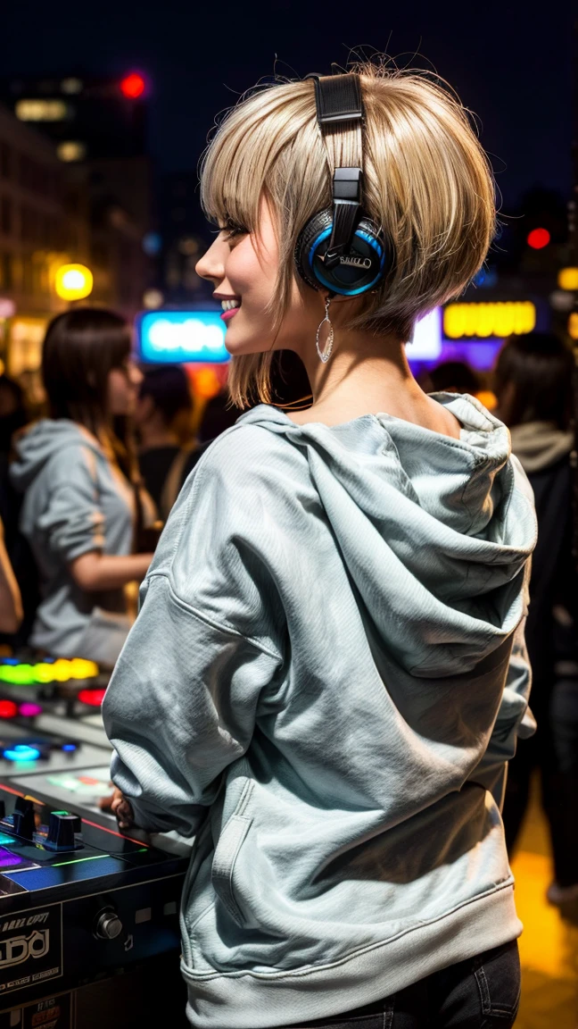 Highest quality, Tabletop, Ultra-high resolution, (Realistic:1.4), (Japanese Idols),RAW Photos, One Girl, night,Detailed skin,nightclub,Disco,(blonde:1.2), (Silver inner hair:1.3),Glossy Lips,smile,21 years old,Beautiful and beautiful eyes,eye shadow,Diamond jewellery,Earrings,Gold Jewelry,(hoodie:1.3),,(Shoulder strengthening:1.2),A well-trained body,(Pixie Cut),Round face,(playing music as a DJ:1.5), (DJ:1.2) Vibrant performances (Music Festival:1.2) and (Lively crowd:1.1) and (Colorful stage lighting:1.1), (Back view:1.5 ),Back view,(A slightly distant composition),(back of head),Composition from behind