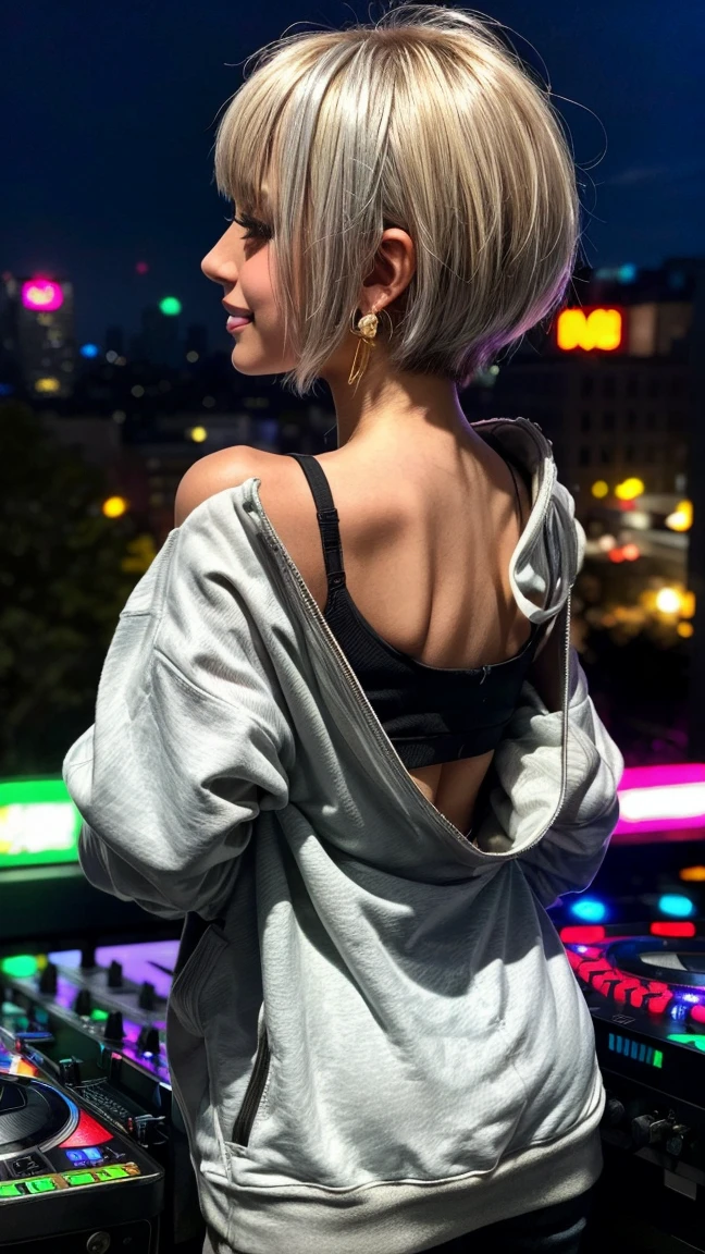 Highest quality, Tabletop, Ultra-high resolution, (Realistic:1.4), (Japanese Idols),RAW Photos, One Girl, night,Detailed skin,nightclub,Disco,(blonde:1.2), (Silver inner hair:1.3),Glossy Lips,smile,21 years old,Beautiful and beautiful eyes,eye shadow,Diamond jewellery,Earrings,Gold Jewelry,(hoodie:1.3),,(Shoulder strengthening:1.2),A well-trained body,(Pixie Cut),Round face,(playing music as a DJ:1.5), (DJ:1.2) Vibrant performances (Music Festival:1.2) and (Lively crowd:1.1) and (Colorful stage lighting:1.1), (Back view:1.5 ),Back view,(A slightly distant composition),(back of head),Composition from behind