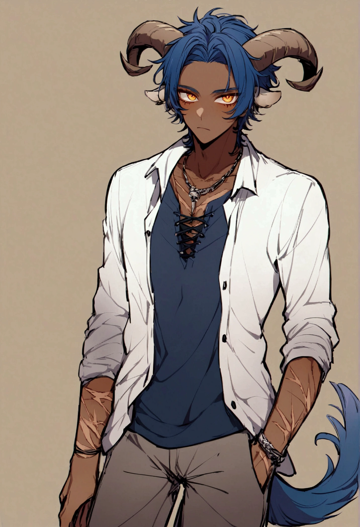 male, boy, brown skin, navy blue hair, short messy hair, orange eyes, scars all over his body, Yagimimi, has goat horns, goat ears and goat tail, casual clothes