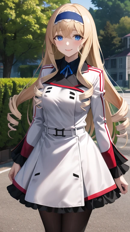 masterpiece, best quality, highres,  aacecilia, very long hair, curly hair, drill hair, blue hairband, , white jacket, white dress, long sleeves, belt, black pantyhose, standing, cowboy shot, outdoors, smile
