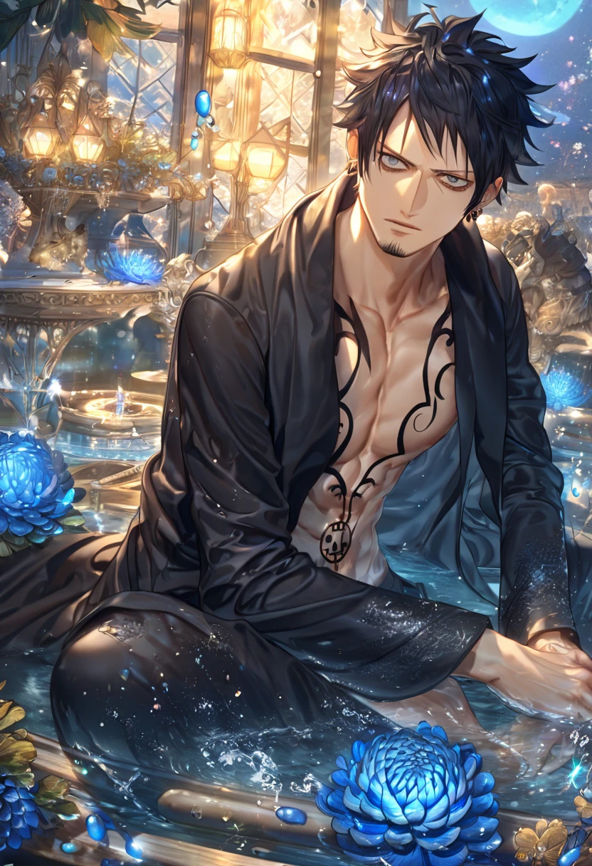 absurdres, highres, ultra detailed, HDR, master piece, best quality, extremely detailed, Trafalgar Law, black hair, stubble, expressive gray eyes, One Piece, solo, sexy man sitting, handsome, sensual, black coat, black pants, fantasy, water, sparkling, blue glittering fireflies, blue moon, blue blossoms, blue chrysanthemums, blue sparkling lights, starry sky, magical