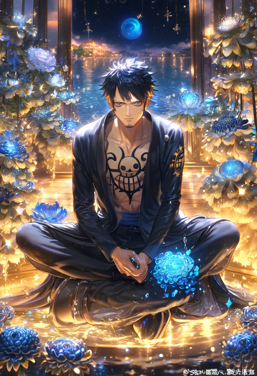 absurdres, highres, ultra detailed, HDR, master piece, best quality, extremely detailed, Trafalgar Law, black hair, stubble, expressive gray eyes, One Piece, solo, sexy man sitting, handsome, sensual, black coat, black pants, fantasy, water, sparkling, blue glittering fireflies, blue moon, blue blossoms, blue chrysanthemums, blue sparkling lights, starry sky, magical