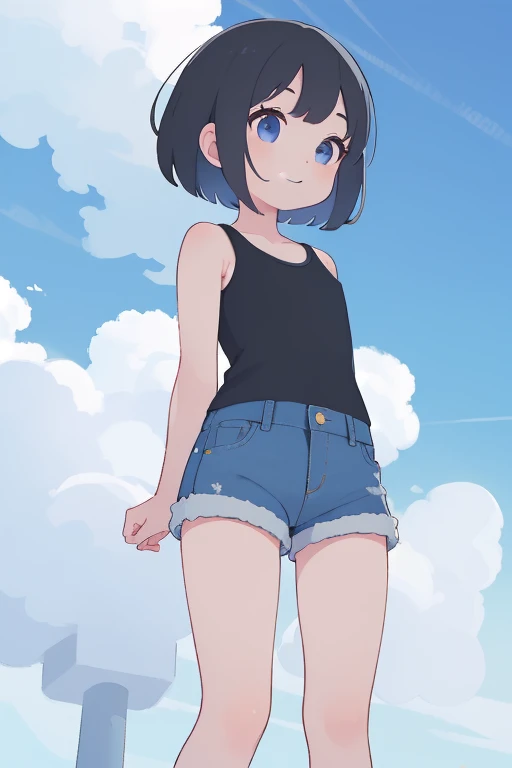 masterpiece,Highest quality,One girl,alone,Shorts,short hair,From below,null,cloud,denim Shorts,Black Hair,Day,denim,Iris,smile,cut off,Put your arms behind your back,blue Shorts,short Shorts,Exposing shoulders,blue null,