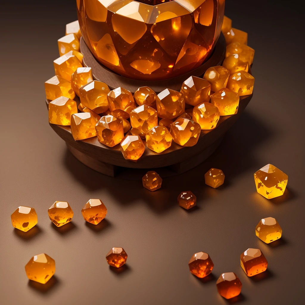 Create a centered image of a single hexagonal amber stone. The stone should be prominently displayed in the middle of the image. It should have a warm, golden-orange hue with a translucent quality, allowing light to pass through and highlighting its natural clarity and depth. The hexagonal shape should be precise, with well-defined edges and faces. The surface of the amber should feature subtle natural inclusions and patterns, adding uniqueness. Use a simple, dark, or neutral background to ensure the focus remains on the amber stone, enhancing its glowing and luminous appearance