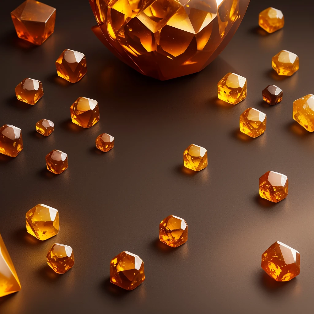 Create a centered image of a single hexagonal amber stone. The stone should be prominently displayed in the middle of the image. It should have a warm, golden-orange hue with a translucent quality, allowing light to pass through and highlighting its natural clarity and depth. The hexagonal shape should be precise, with well-defined edges and faces. The surface of the amber should feature subtle natural inclusions and patterns, adding uniqueness. Use a simple, dark, or neutral background to ensure the focus remains on the amber stone, enhancing its glowing and luminous appearance