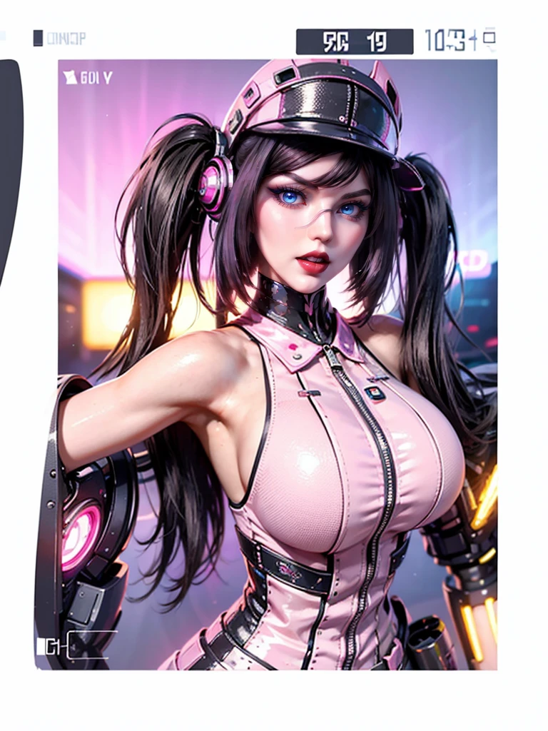 a close up of a person wearing a hat and glasses, fashion gameplay screenshot, glitchpunk girl, stylized digital art, in a cyber - punk ally, stylized digital illustration, neonpunk, pink iconic character, as a retro futuristic heroine, cyber universe style, background artwork, cyber style, hero pose colorful city lighting, in style of digital illustration