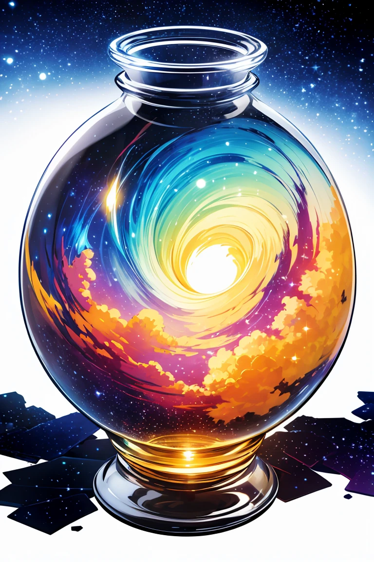 beautiful painting of several galaxies and stars with colorful clouds in a glass jar, with a cork lid, (((white background))).