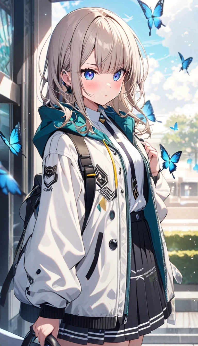 Butterflies are flying、Looking to the side、1girl, stylish, stylish code, large jacket