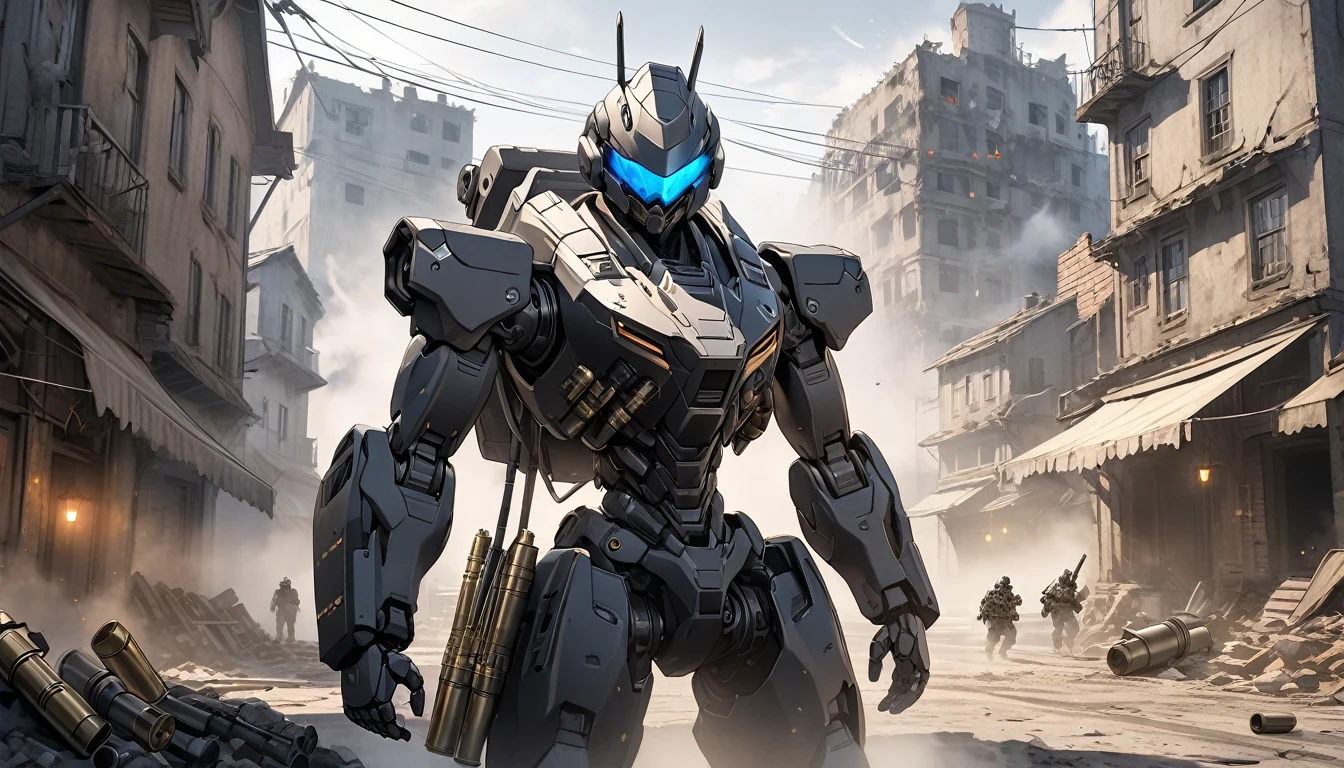 a humanoid military robot 2 meters tall with a helmet-shaped head and goggle mono-eye, detailed highly bullet-resistant reactive urban camouflage faded armor, backpack holding weapons and ammunition, (Gatling gun on one arm with bullet supply belt and empty cartridges1.2), ruined town background with fog, gunpowder and dust, tension, (best quality,4k,8k,highres,masterpiece:1.2),ultra-detailed,concept art,ultra-fine painting,movie-like lighting
