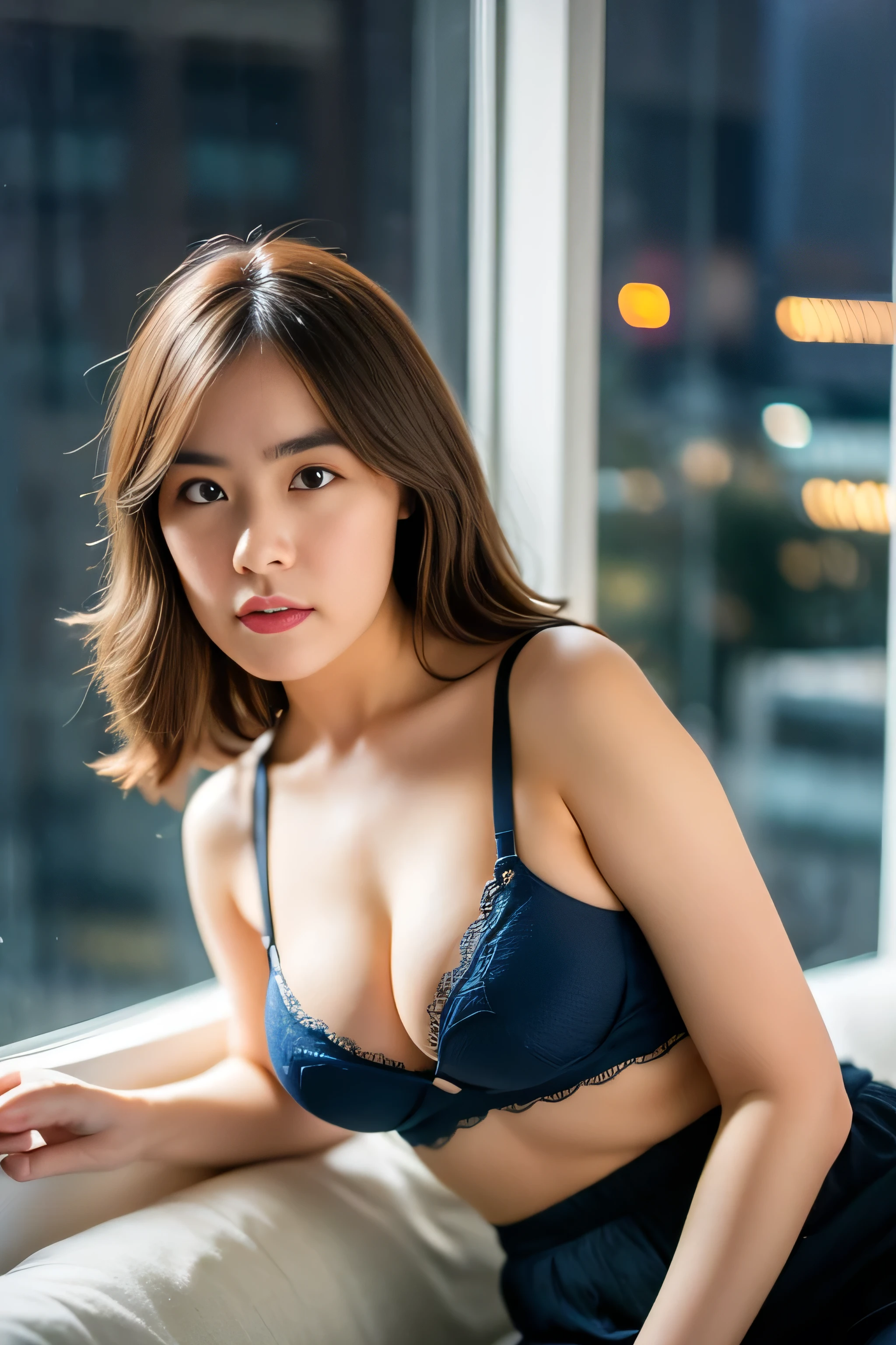 realistic, Hot girl wearing a navy blue bra, An absent-minded attitude, big breasts, cute sexy poses, In a small skyscraper bedroom at night, mood light, Window with night city view, raindrops on the window, Rainy night, Volumetric light, movie light, depth of field, Bokeh, Masterpiece,