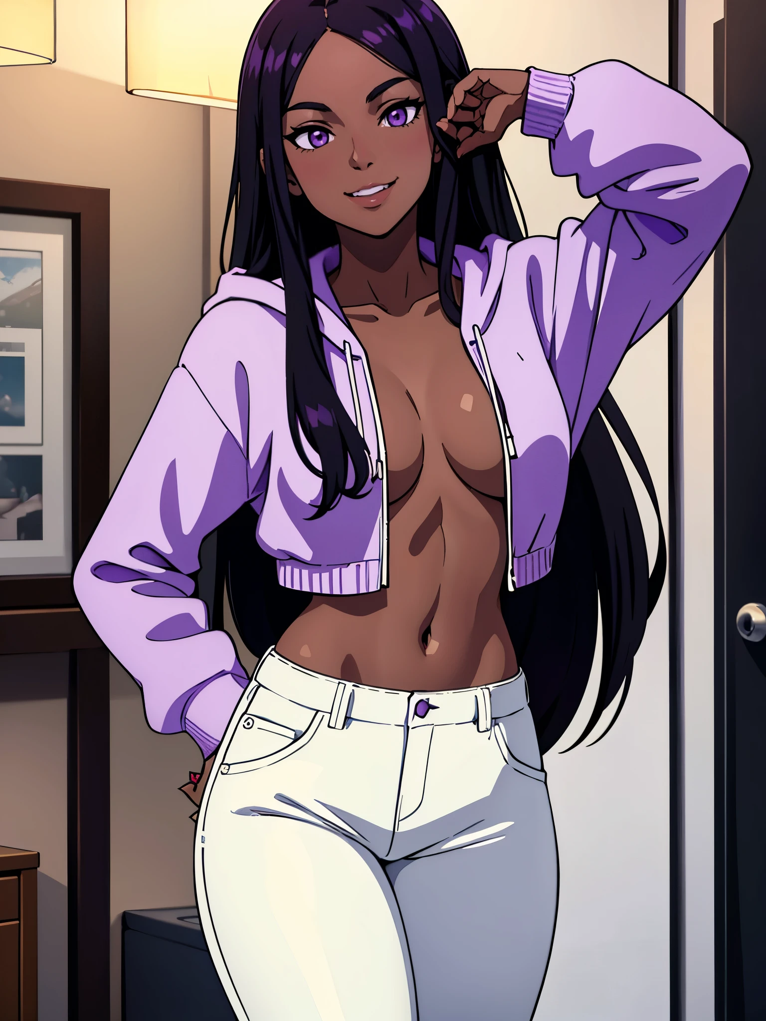Masterpieces, 1girl, solo, ((black long hair), (dark skin), (purple eyes), medium breasts, thin waist, smiling), wearing white pants, blue hoodie, in her apartment