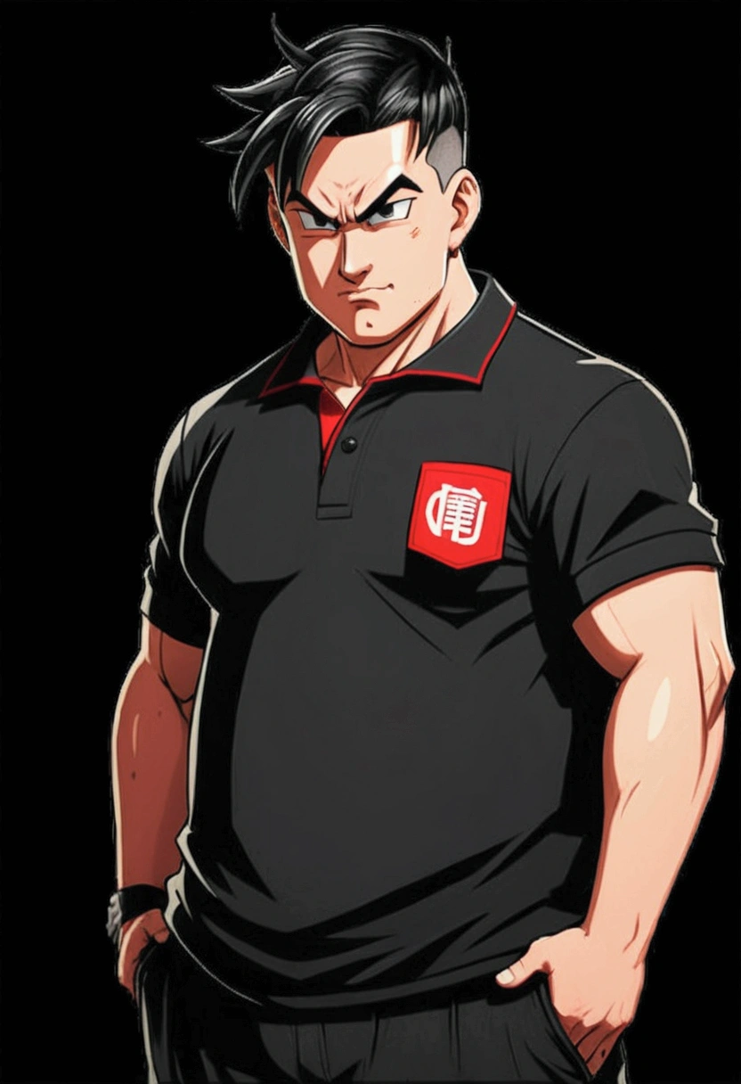 Cartoon man character in DRAGON BALL style, black short hair, fatter, offwhite, with factory background , in BLACK polo t-shirt with RED and WHITE details, with a tone of satire fighting position