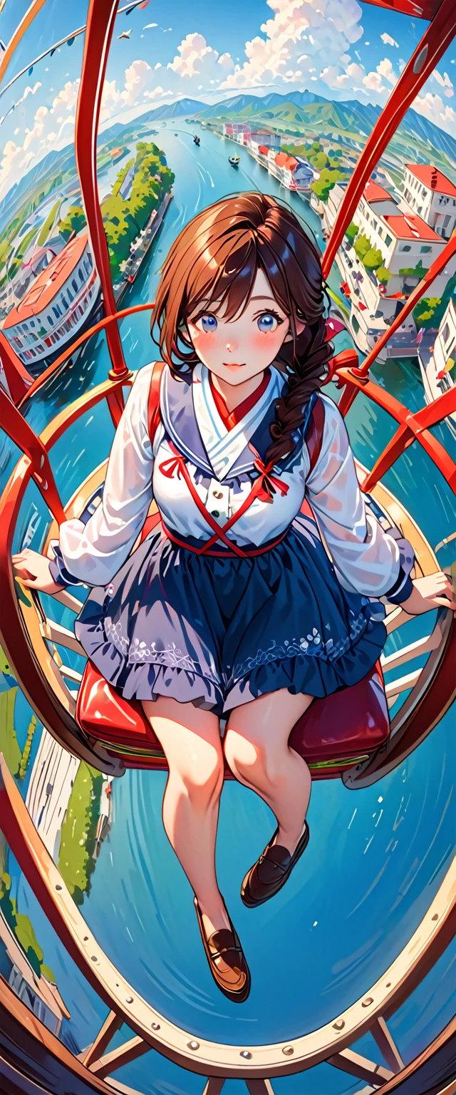 (Highest quality, Super detailed, Realistic: 1.37), Humorous, Cartoon style, Thick lines, Bright colors, Bird's eye view, A passenger's perspective on a gondola, Romantic comedy, A high school girl on a Ferris wheel sits on a chair inside the gondola, (leaning forward:1.4) and shyly holding down her miniskirt in a hurry (holding down: 1.4), (Front view of her figure: 1.5)