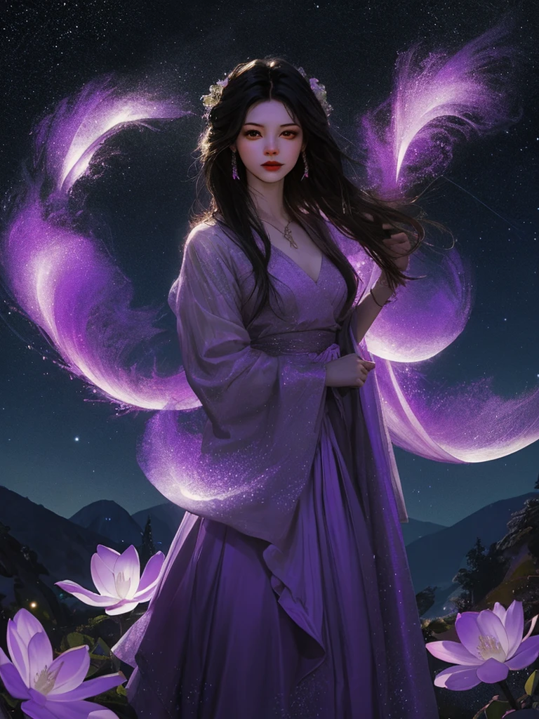最high quality, masterpiece, High resolution, One girl,Light Powder Gauze Dress, Beautiful Face, Caramel blonde hair、Purple eyes、physically, Tyndall effect, Realistic, Shadow Studio, Edge lighting, 2-color illumination, (Skin with attention to detail: 1.2), 8k ウルトラHD, Digital SLR, Soft Light, high quality, Volumetric Light, I Go Shot, photograph, High resolution, 4K, 8k