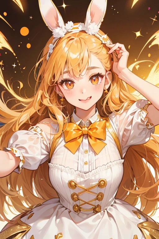 A gold GIRL bunny Num with brown eyes and nose, sticking her tongue out. She has a bite missing from her left ear. A huge amount of white cream covers the top of her head, but not her ears. It is adorned with a golden-orange bow and three sprinkles. SPARKLE; GLITTER