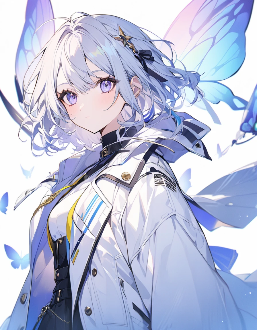 Butterflies are flying、Looking to the side、1girl, stylish, stylish code, large jacket, simple white background