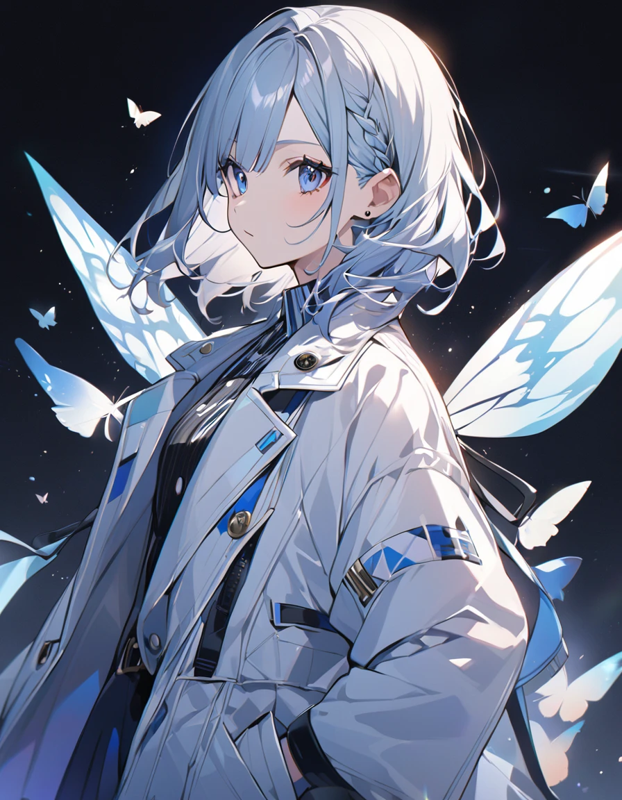 Butterflies are flying、Looking to the side、1girl, stylish, stylish code, large jacket, simple white background