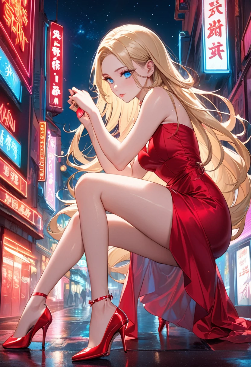 A beautiful girl with long, silky blonde hair, wearing a red dress, fixing her blisters on her high heels, sparkling long hair, blue eyes, neon lights at night, red high heels in the night sky, delicate and perfect facial structure, perfect eye makeup