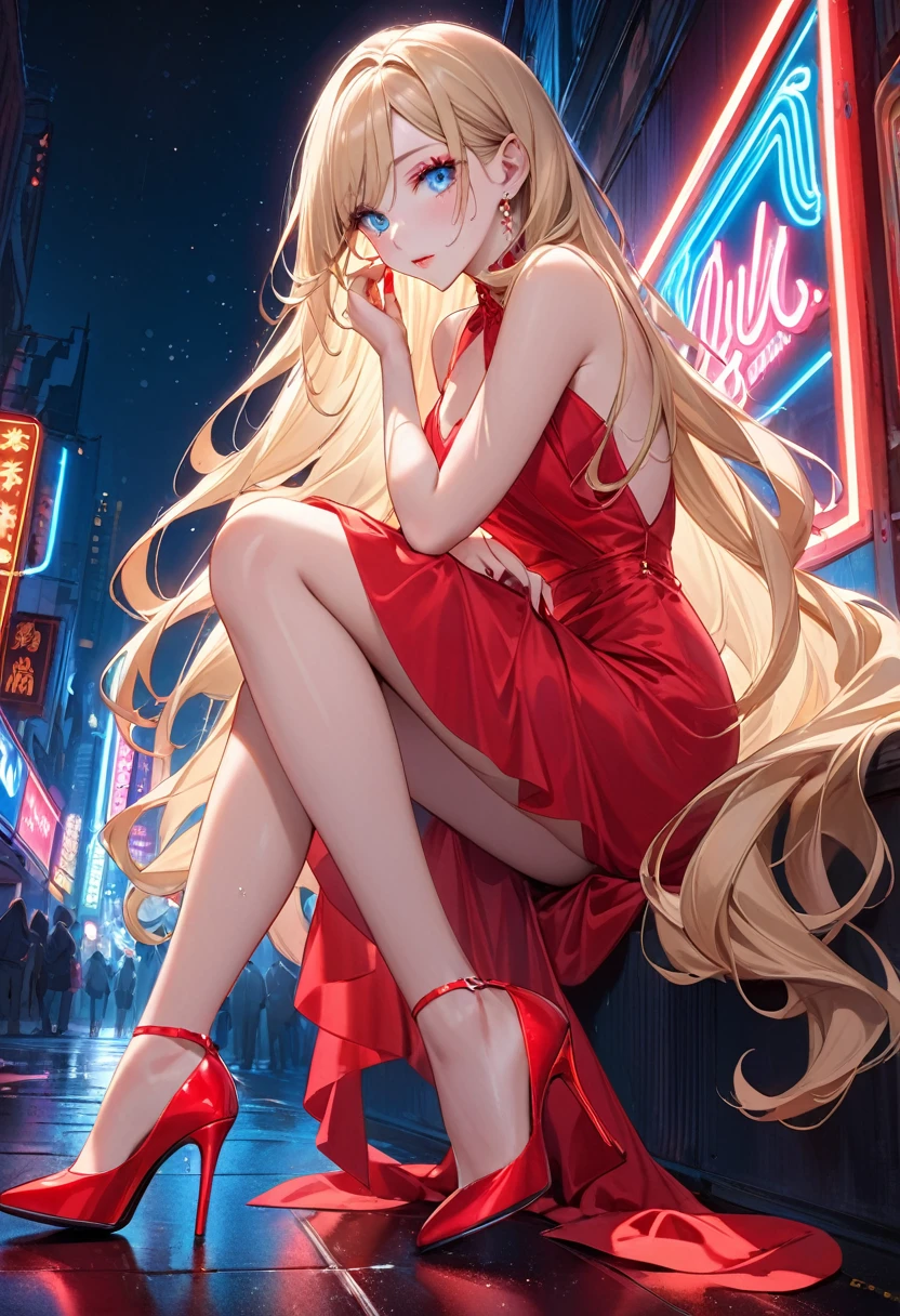 A beautiful girl with long, silky blonde hair, wearing a red dress, fixing her blisters on her high heels, sparkling long hair, blue eyes, neon lights at night, red high heels in the night sky, delicate and perfect facial structure, perfect eye makeup