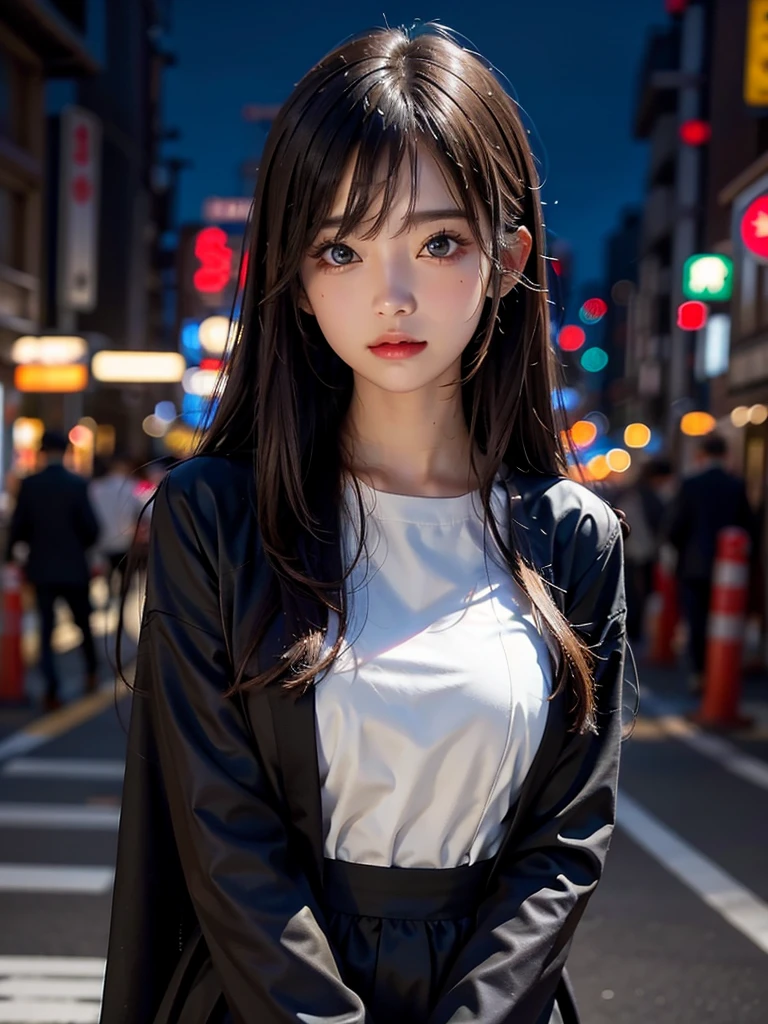 1girl, Tokyo street,night, cityscape,city lights, upper body,close-up, 8k, RAW photo, best quality, masterpiece,realistic, photo-realistic, Bule eye:1.2, parted bangs, long hair, front cover,