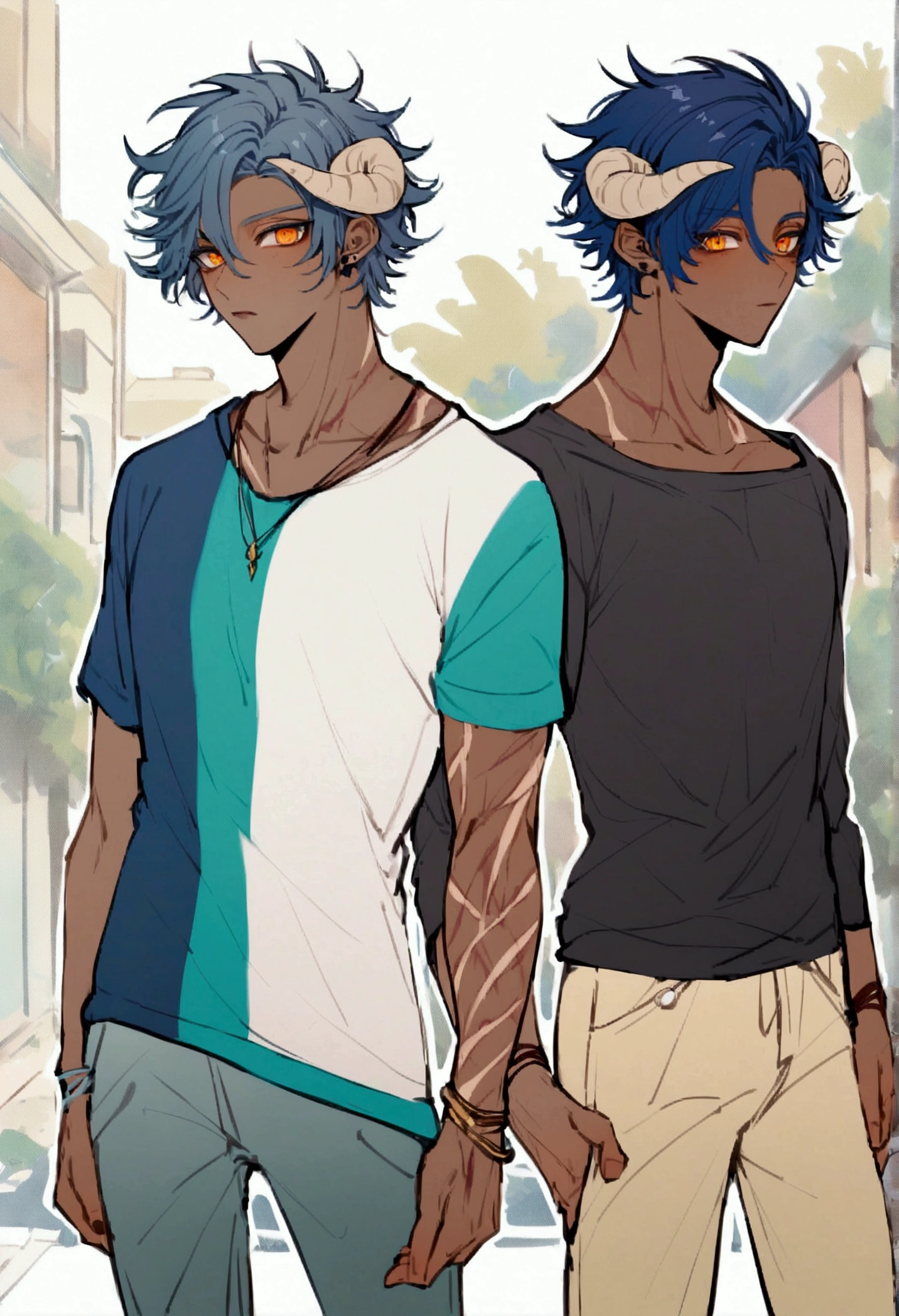male, boy, brown skin, navy blue hair, short messy hair, orange eyes, scars all over his body, Yagimimi, has goat horns, casual clothes