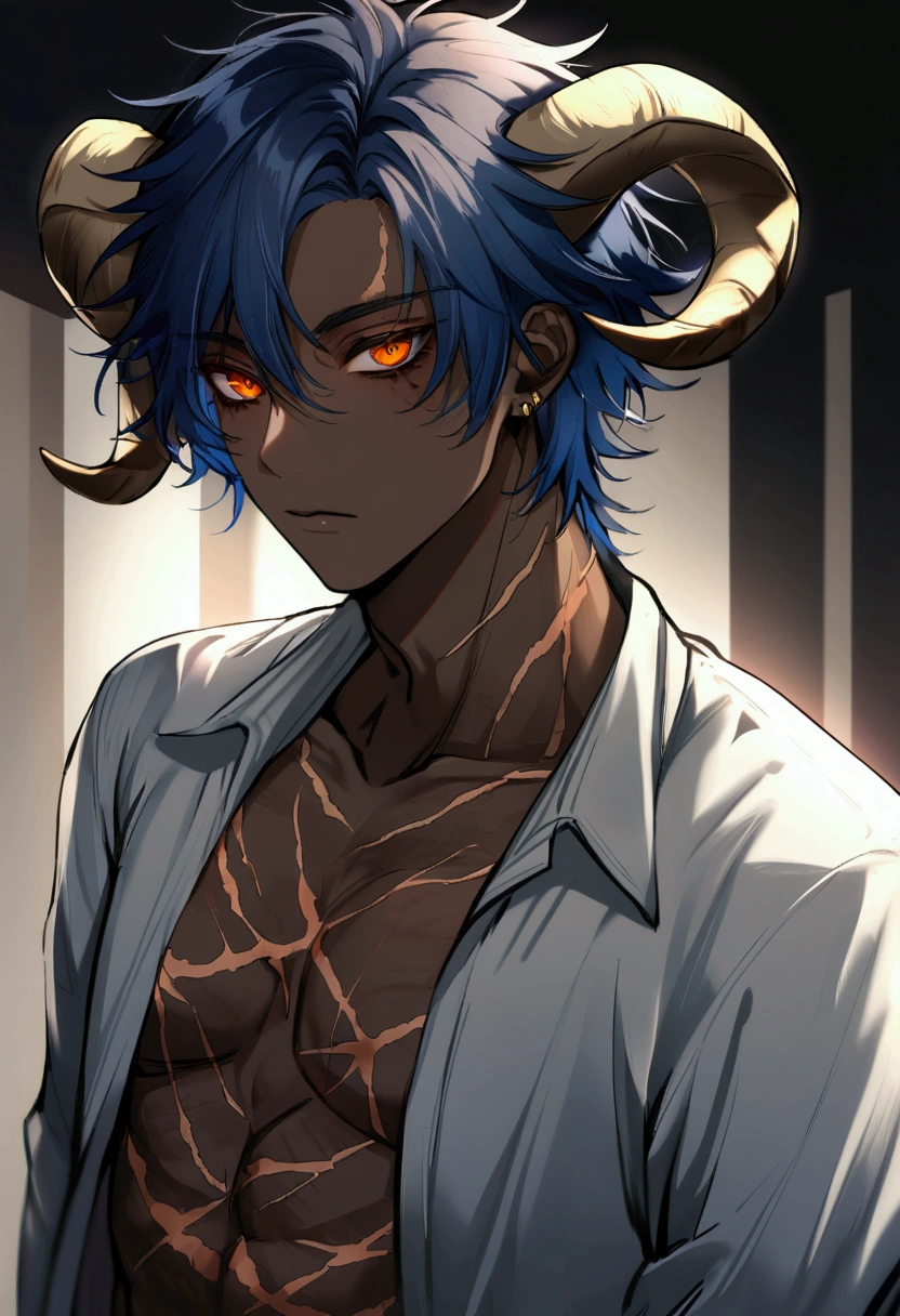 male, boy, brown skin, navy blue hair, short messy hair, orange eyes, scars all over his body, Yagimimi, has goat horns, casual clothes