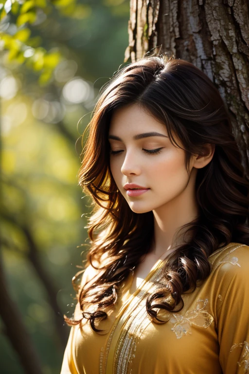 In the dark and neutral background, a human head is highlighted, showcasing serene and peaceful features. The eyes are closed in a state of deep meditation, and soft light emanates from within, illuminating the brain which is shaped like a tree. The tones of amber, orange, and gold permeate the image, enhancing the luminosity. Realistic textures for the skin, hair, and tree adds a touch of authenticity. Precise lighting and shading provide depth to the image, while vibrant and contrasting colors intensify the visual effect. Brush strokes and digital textures add an artistic touch to the serene scene. The overall composition conveys a sense of calm and tr