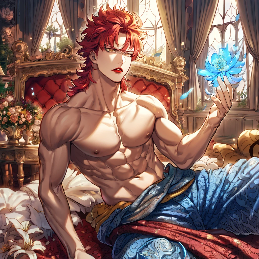 absurdres, highres, ultra detailed, HDR, master piece, Eustass Kid, red hair, expressive brown eyes, red lips, bare chest, toned chest, One Piece, sexy man, room, handsome, best quality, flowers, fantasy, magical, solo, blue shining fireflies, blue petals, sensual