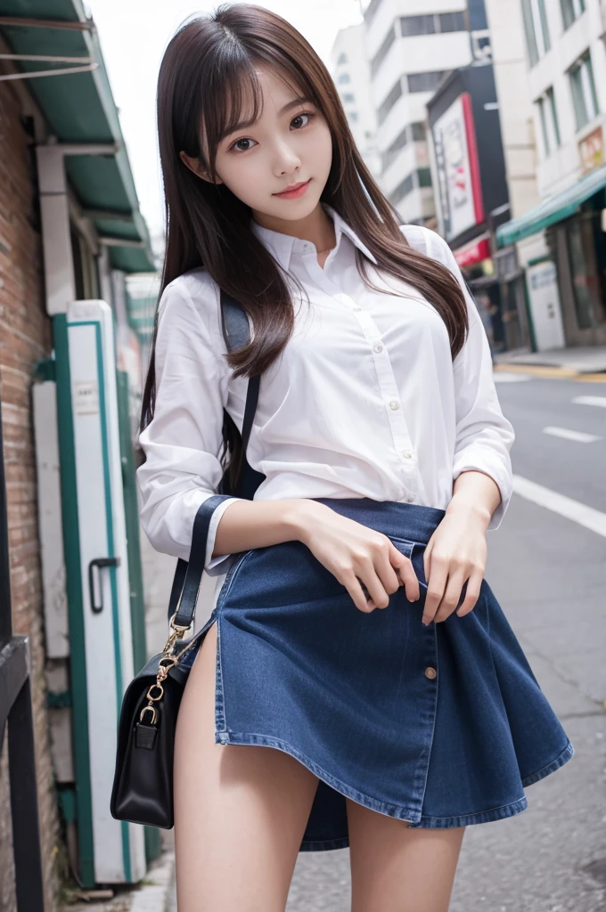 (8K、nffsw、Hi-Res)、((((a picture、Raw photography、Hyper-Realism、masterpiece、top-quality、超A high resolution))))、(Pin Light、Back lighting、Back lighting、ciinematic light)、foco nítido:1。4、(Hyper-detailing、finedetail)、cowboy shot、 1girl in、Beautiful eyes like a cat、small and slightly plump lips,,,,,,,,,、thick eyebrow、long and beautiful eyelashes。Transparent throughout makeup、Cheeksium dark brown hairstyle、Lip gloss with touch and shine)))。Random Uniform、Random and sexy poses,Random situations、Random landscape、large full breasts、cleavage of the breast、(((Humiliated face)))、bokeh feeling、In the street、Crowds、25-years old、(Drooping eyes 1.5)、 Beauty、natural、Korea person、(((In uniform)))、Small piercings、White panties、(((Skirt soars、Panties are visible)))、(((sexy panties)))、