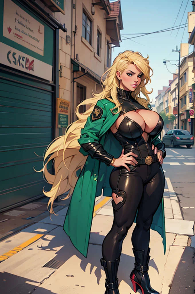 there is a woman in a green coat (curvaceous, massive breasts: 1.5, colossal cleavage: 2.2, long blonde hair) standing in front of a bar, a character portrait by Gabriel Ba, trending on Artstation, digital art, charlie bowater character art, charlie bowater rich deep colors, jen bartel, qiyana, charlie bowater art style, style of charlie bowater, background artwork, black canary, full art illustration