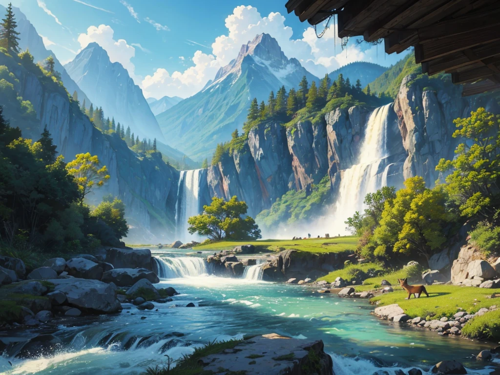 nature painting with mountain seen from far away background with big waterfall and jungle surround, and river flowing between rocky mountain, add forest deer drinking on river and eagle flying over river, best quality4k detailed color, wonderful nature painting fan art, full of color and rich of detail masterpiece