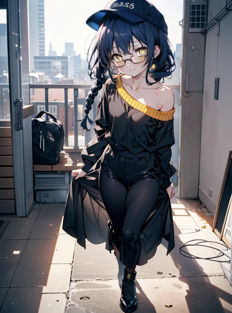 you like it, Umi Sonoda, Long Hair, Blue Hair, (Yellow Eyes:1.5) (Flat Chest:1.2),Blue one-shoulder sweater,Long skirt,Black Pantyhose,short boots,Baseball cap,Black-rimmed glasses,Long braids,smile,walk,morning,morning陽,The rising sun,On the way to school,whole bodyがイラストに入るように,
break looking at viewer,whole body,
break outdoors, station,
break (masterpiece:1.2), Highest quality, High resolution, unity 8k wallpaper, (shape:0.8), (Beautiful attention to detail:1.6), Highly detailed face, Perfect lighting, Extremely detailed CG, (Perfect hands, Perfect Anatomy),