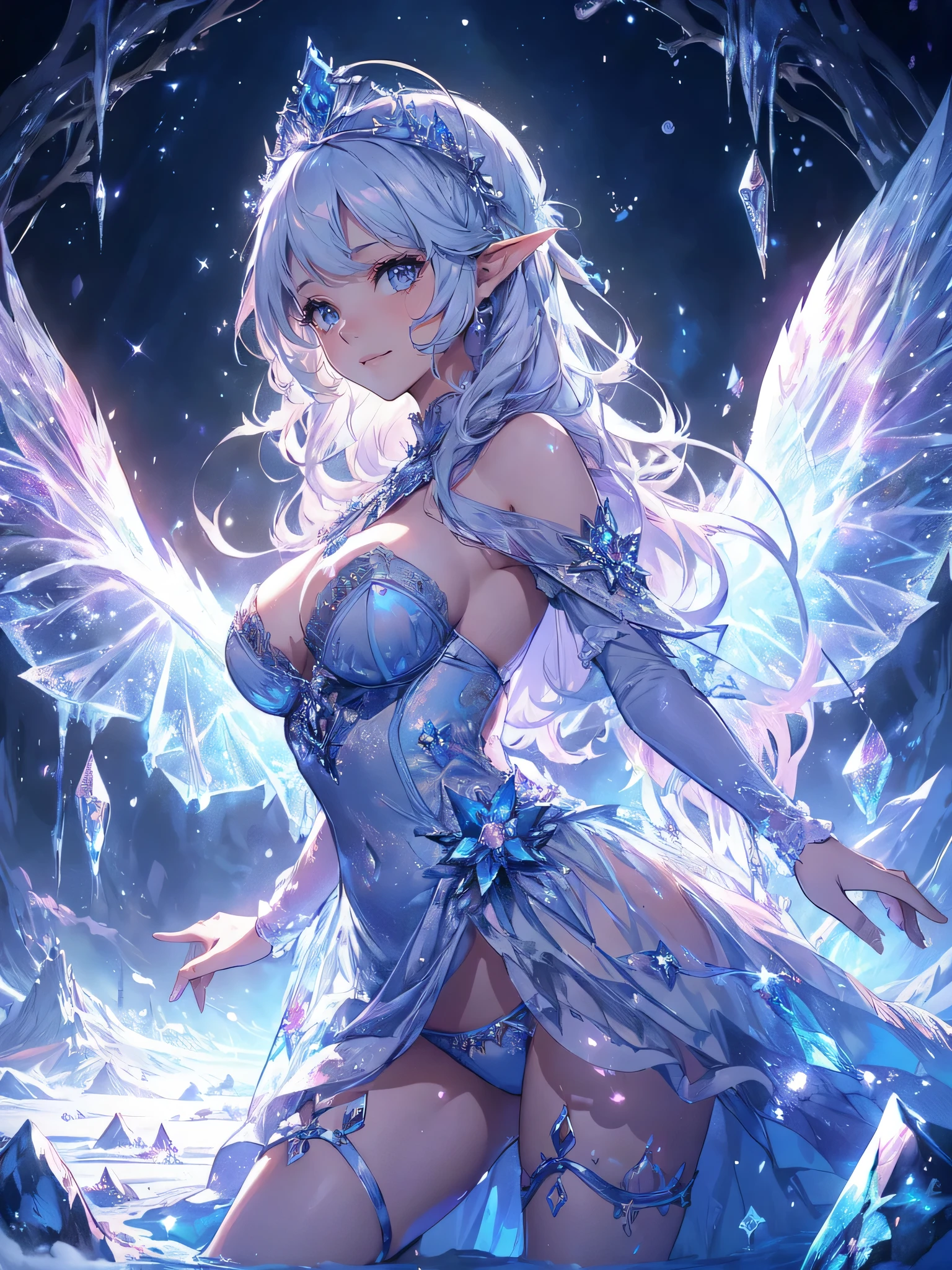 最high quality、1 woman elf facing forward、Succubus、(( cowboy shot ))((underwear))'((low angle1.5 ))、Beautiful eyes、decision、sorrow、tears、tears、、Beautiful decoration、brassiere、panty、Big ice tiara、Swirling Ice、Crystal of snow、Ice Town、city、landscape、waterfall、A world made of ice、最high quality , fractal art.Ice Throne、ice World、比基尼、Beautiful breasts、Large Breasts　((Laugh beautifully、))((Glowing ice　))SMqueen、Beautiful face、orgasm、Ecstasy、Beautiful decorationのブラジャー、Panties、World of Illusions、Ice crystals、Crystal of snow、Ice wall、ice World、Bigger on the front、 Beautiful shine,High-definition depiction, Realistic, 8k, Unity, Beautiful thighs,,Giant Devil's Wings、虹Farbeに輝く翼、、 light smile, Beautifully and vividly drawn, , beautiful beautiful透き通る肌、輝くBeautiful decorationの魔法、、Beautiful decoration、 , beautiful、 Romanticism,mosquito。 The most beautiful form of chaos, Mr..々Farbe, Intertwined flowers, P article,Magical gentle light,smile,,image quality、masterpiece、Beautiful face、Super beautiful elf woman((Big breasted 22 year old office lady、Bust 120,Beautiful long ironed hair、Silver Hair、height: 165cm。、Esbian、、high quality、、Visual Arts、最high quality、1 womanエルフ NP: Worst quality ,beautiful fractal art　、frozen、、light、Beautiful radiance,High-definition depiction, Realistic, 8k, Unity, , light smile, Beautifully and vividly drawn, , Beautiful, beautiful, clear skin、 Countless rays of light pouring down, Swirling Light, big background, , Intense light is emitted from the magic circle in front of the girl. Romanticism,Cowboy Shot:  最high quality　snow palace