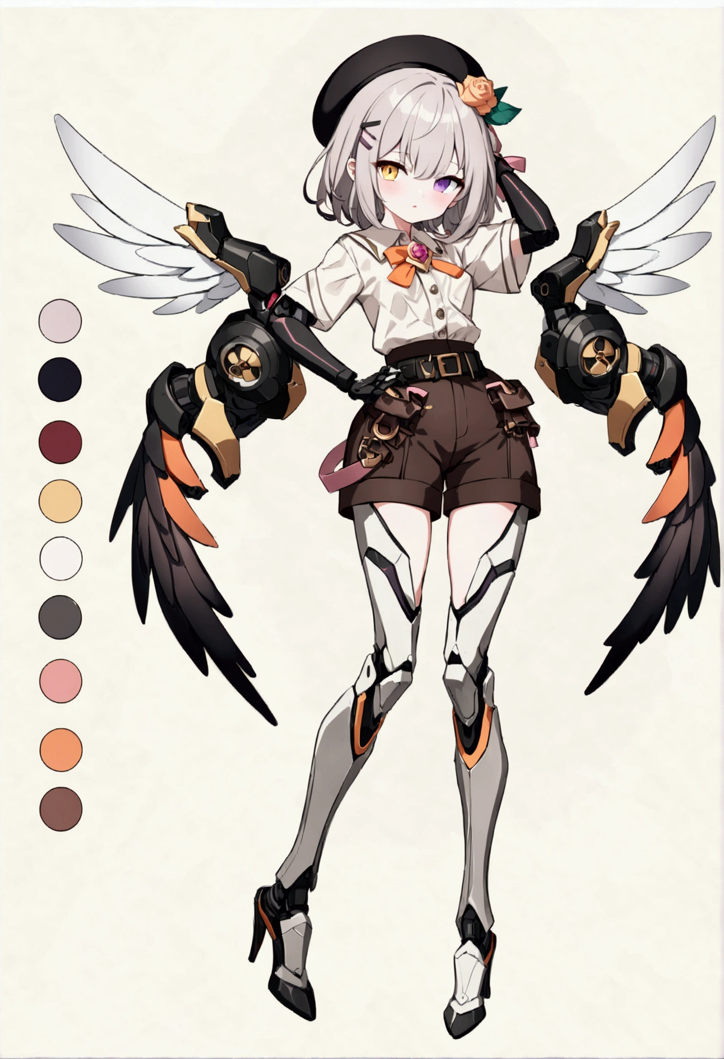 woman 165cm tall, (whole body: 1.5), slim build, , charming look, wide hip, ((heterocromia: ojo right naranja y ojo izquierdo violeta)), (Shoulder Length Wavy Gray Hair, a medium braid on the left side of the hair: 1.2, big open bangs, largo flequillo en el lado izquierdo y right del cabello sobre las mejillas , golden gear hairpin on the left side of the hair: 1.1), (((complex mechanical legs up to the hip, The legs are black with gray parts and small pink details))), (((complex mechanical arms up to the elbows, The arms are black with gray parts and small pink details))), ((a pair of complex white mechanical angel wings with pastel green parts)), (elegant black French beret, orange rose ribbon on the beret: 1.2), (stylish white short sleeve button down shirt, dark brown shorts with straps from the waist, elegant black belt, small rose brooch on shirt collar, beautiful mechanical stilettos), (((full body character design sheet: vista 3/4))), ((Pastel yellow background)), extremely detailed hair, beautiful detailed clothing, extremely detailed arms, extremely detailed face, (Extremely detailed hands), perfect hands, beautiful detailed eyes, beautiful detailed lips, adorable, extremely detailed legs, (Best Quality, 8k, ultra resolution), ultra detailed, Exquisite and epic character art, (Focus on symmetry), (extremely detailed wings), (body position: standing, right, symmetrical), looking at the viewer, small face.