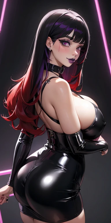 1girl, masterpiece, (Hannahowo), best quality, mature woman, split hair color, (red hair), (black hair), large breasts, curvy, thick thighs, nose piercing, soft lips, goth, black lipstick, gothic clothing, big eyes, purple eyes, eyeliner, black mini skirt, thong, wispy eyelashes, (neon purple lighting), black collar, goth, smile, latex, latex outfit, blush, ass, ass shot, huge ass, curvy,